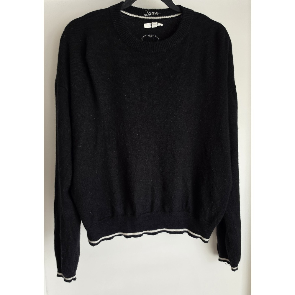 Splendid Sweater XL Black Crew Neck Long Sleeve Wool Blend Pullover White Hearts